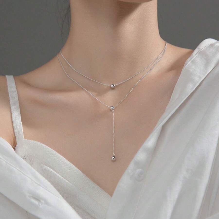 Necklace Titanium Steel Women's Niche Double-Layer Necklace High-End Design Sense Small Beaded Clavicle Chain 2023 New Simple Fashion Accessories - 銀色 - 查看 1