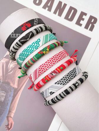 2pcs Matching Fabric Arabian Headscarf Style Adjustable Braided Bracelets, Suitable For Men Party Or Holiday Wear