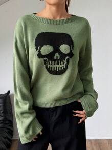 Maglione da donna per autunno/inverno, nuovo maglione casual alla moda in stile Y2K con teschio jacquard carino, girocollo a maniche lunghe, adatto per uso quotidiano, pendolarismo, feste, Ognissanti, Natale, Ringraziamento, fotografia di strada - Multicolore - Visualizzare 5