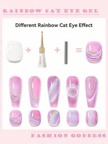 XEIJAYI 1pc 10ml Rainbow Cat Eye Chrome Nail Chameleon Magnetic Powder 9D Cat Eye Effect Nail Gel For Home DIY-No Magnetic Stick Included - Pink - View 3