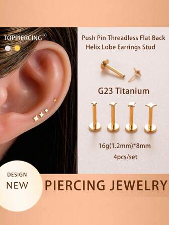 Toppiercing 4pcs/Set G23 Titanium Jewelry Push Pin Threadless Flat Back Geometric Shape Star Ear Tragus Lobe Cartilage Piercing Helix Earring Stud For Women