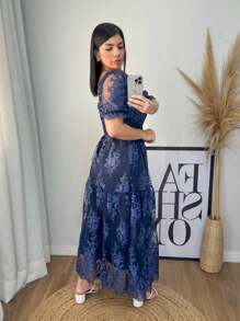 vestido Longuete festa tule bordado manga curto