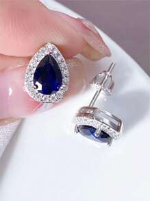 1 Đôi Bông Tai Sapphire Phòng Thí Nghiệm Cao Cấp Được Khảm Moissanite, Bông Tai Bạc 925 Mạ Bạch Kim Chất Lượng Cao Thích Hợp Làm Quà Tặng Và Đeo Hàng Ngày - Xanh đậm - Xem 7