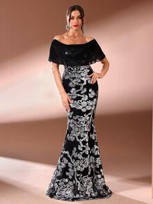 Glamorous Off Shoulder Sleeveless Sequin Mermaid Maxi Dress For Women Elegant Party And Formal Events - Black - View 6