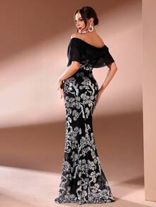 Glamorous Off Shoulder Sleeveless Sequin Mermaid Maxi Dress For Women Elegant Party And Formal Events - Black - View 2