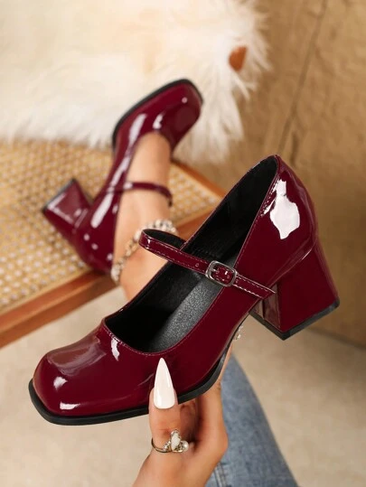 秋冬季小码女士粗跟玛丽珍鞋，方头高跟鞋，大码红色礼服鞋，优雅