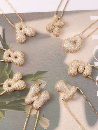 A-Z 锆石水晶字母吊坠项链，男女皆宜的朋克风字母项链，时尚不锈钢嘻哈饰品