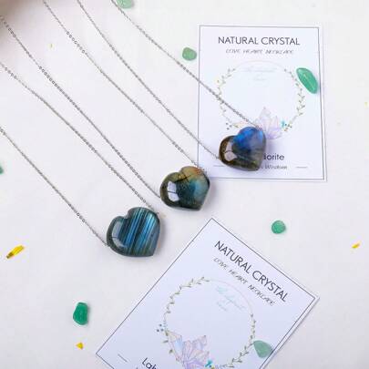 1 件天然水晶拉长石心形粗抛光吊坠流光项链工艺品石挂饰节日风格情人节礼物