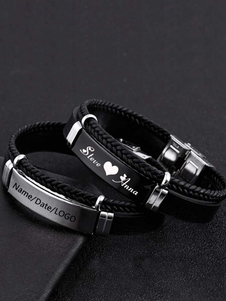 1 pieza Pulseras de cuero multicapa para hombres y mujeres, pulseras de acero inoxidable personalizadas y casuales, colgantes tallados personalizables, regalos de joyería en plata, negro elegante, vintage, sencillo, unisex, casual, punk personalizado, único regalo ideal para él, ella, novio, novia, papá, mamá, familia, amigos para aniversarios, cumpleaños, uso diario, baile de graduación, Día de la Madre, San Valentín, bodas - Estilo 1 - Ver 1
