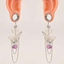 2 piezas Nuevos enchufes colgantes de túneles con pendiente de mariposa de acero inoxidable, dilatadores para perforaciones corporales