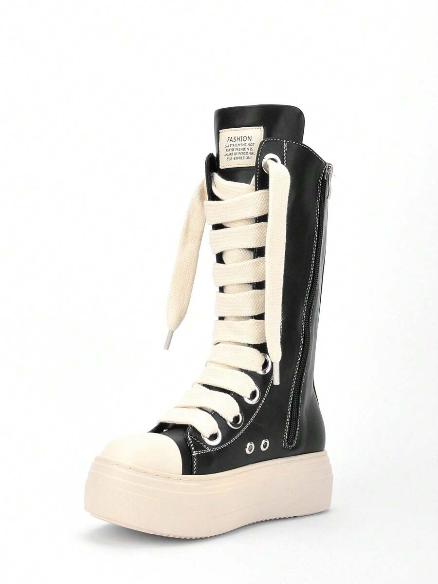 Botas media caña negras clásicas para mujer, zapatos deportivos de plataforma, zapatillas informales con cordones cruzados, botas cortas de plataforma y zapatillas planas largas de plataforma para mujer, zapatos funky de rock