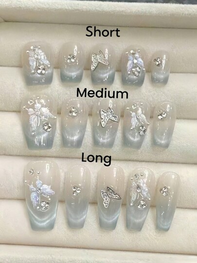 10Pcs French Style Cat Eye Butterfly Handmade Rhinestone Gem Nail Art Decoration With Coffin Shape, Wearable Press On Nails For Daily Use, Elegant & Sweet, Shows White Nail Supplies Nails