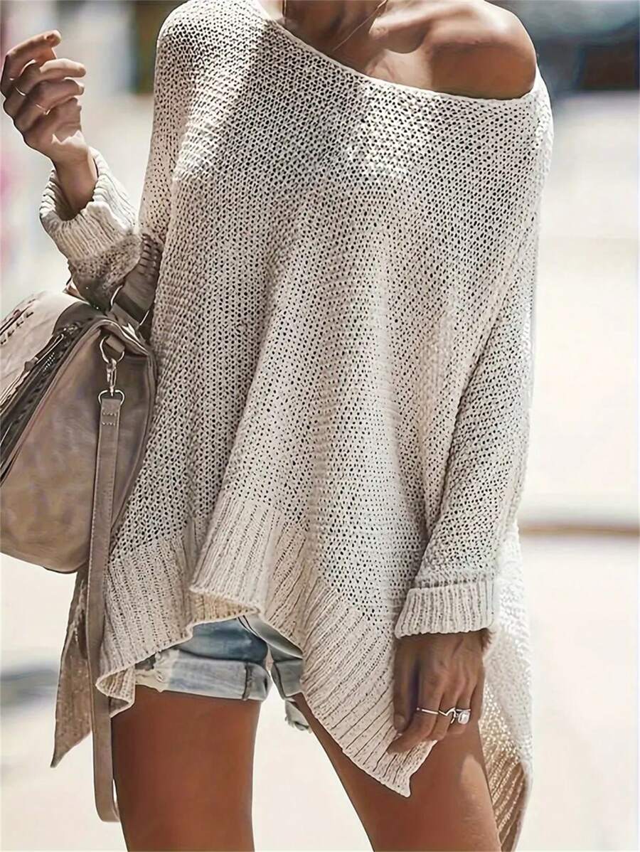 Plus Size Solid Color Asymmetric Collar Long Sleeve Pullover Sweater, Casual Loose Fit Front Short Back Long, Autumn/Winter