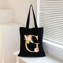 Sacola de Lona Preta Personalizada com Estampa Floral Dourada de Letra A-Z, Sacola de Compras da Moda, Bolsa de Uso Diário, Presente de Aniversário para Mulheres, Presente para Namorada, Lembrança Personalizada de Dama de Honra
