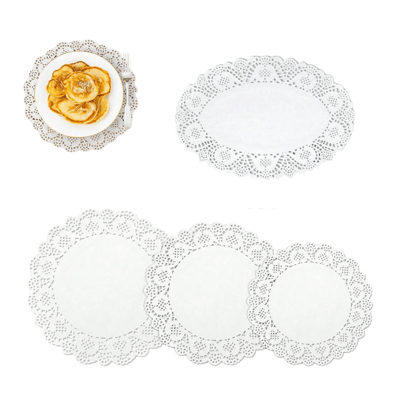100 Stücke weiße Einweg Spitzen Papier Tortenunterlagen für Tische, sortierte Größen. Moderne dekorative Papier Tischsets in Großpackung, verleihen Eleganz zu Bastelarbeiten, Kaffee, Kuchen und Desserts - rund oval