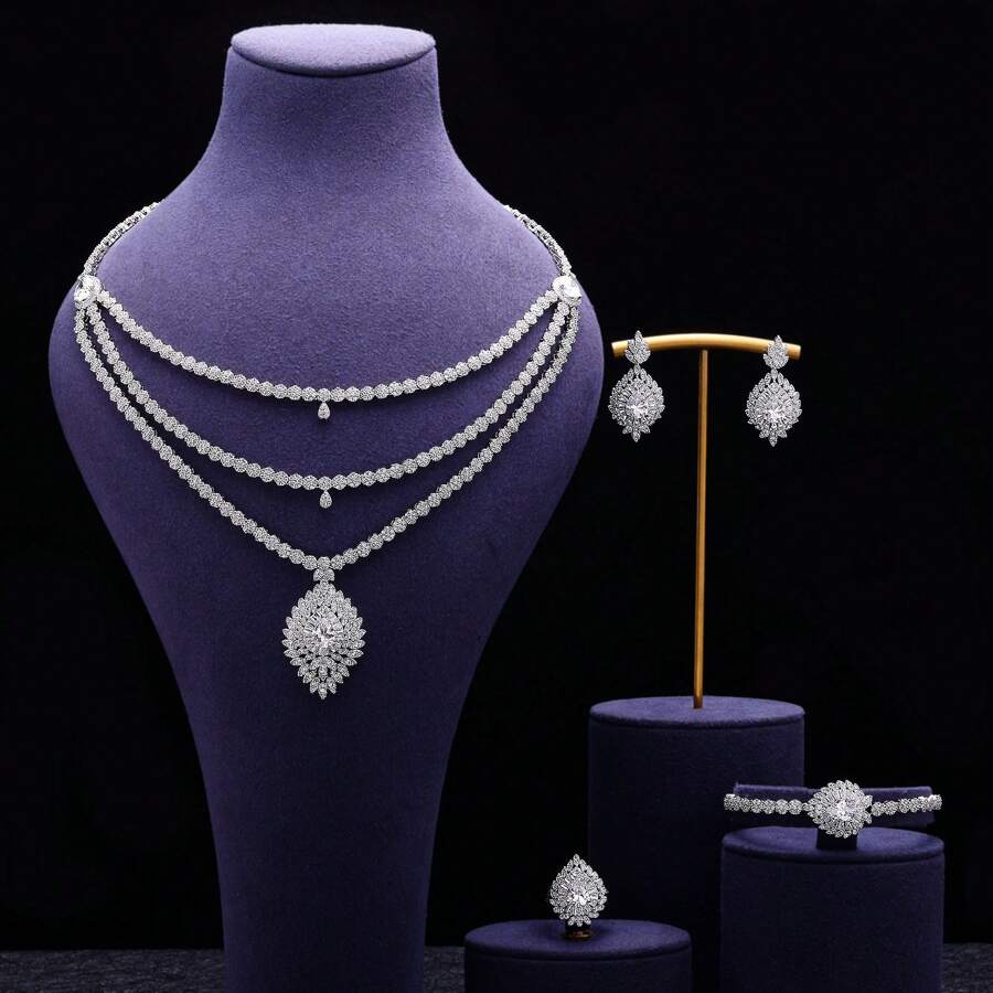 Bridal Zirconia For Dubai Necklace Bracelet Earringa Rings Crystal Wedding Jewelry Sets - White - View 1