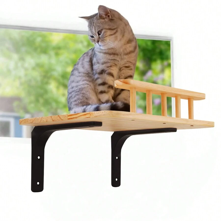 1 件实木猫壁架，带吊床和围栏，供猫玩耍、攀爬和休息的家具，包括安装工具，最大承重 12 公斤（26 磅） - 杏色 - 查看 1