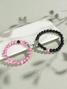 2pcs Classic Heart Magnetic Clasp Bracelet Set, Turquoise Represents Luck & Success, Crystal Energy Stone Bracelet, Friendship/Couple Valentine's Gift, Daily Accessory, 8mm Beads Crystal Bracelet Set - Multicolor - View 1