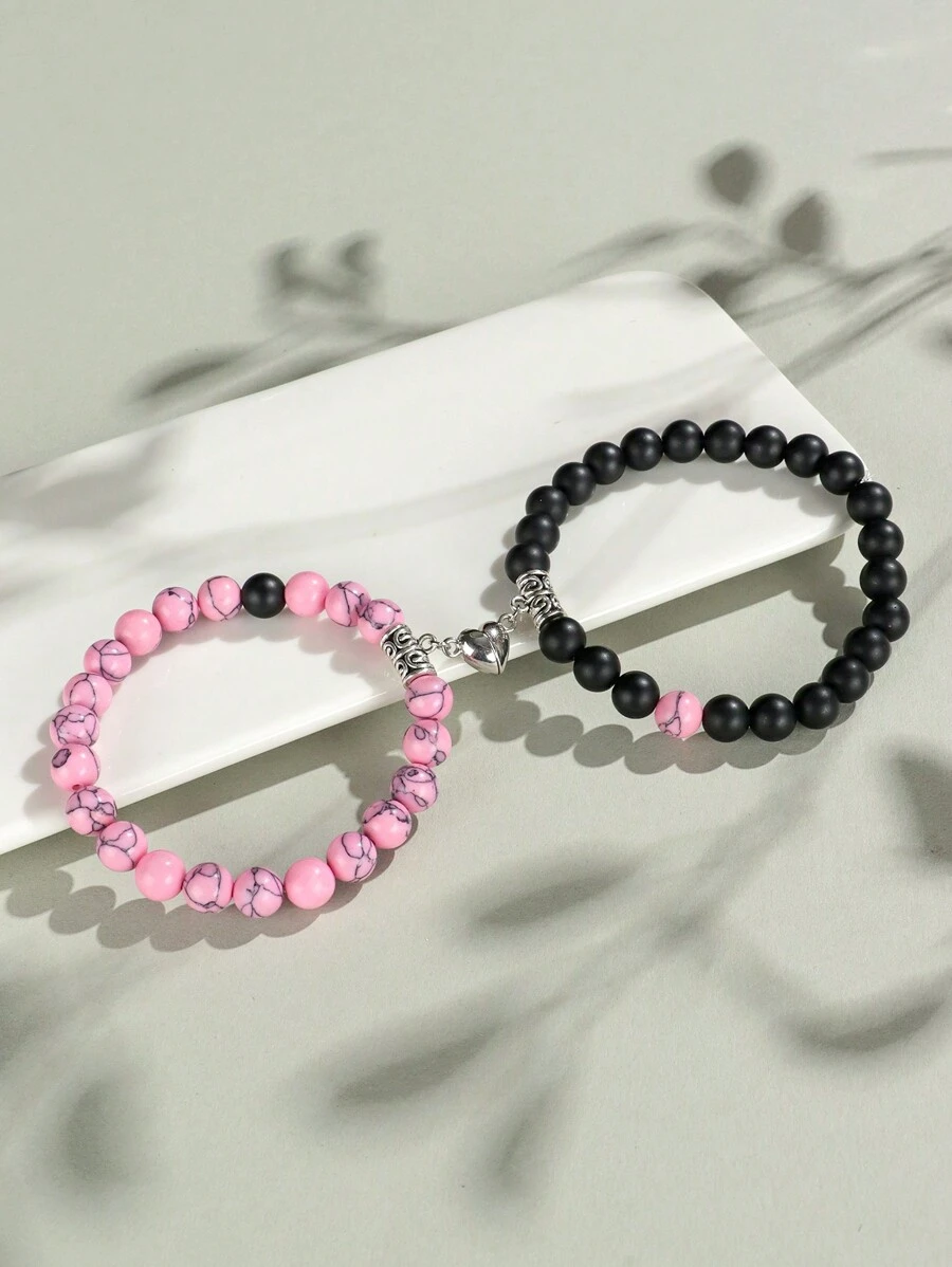 2pcs Classic Heart Magnetic Clasp Bracelet Set, Turquoise Represents Luck & Success, Crystal Energy Stone Bracelet, Friendship/Couple Valentine's Gift, Daily Accessory, 8mm Beads Crystal Bracelet Set - Multicolor - View 1