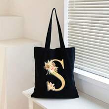 Sacola de Lona Preta Personalizada com Estampa Floral Dourada de Letra A-Z, Sacola de Compras da Moda, Bolsa de Uso Diário, Presente de Aniversário para Mulheres, Presente para Namorada, Lembrança Personalizada de Dama de Honra