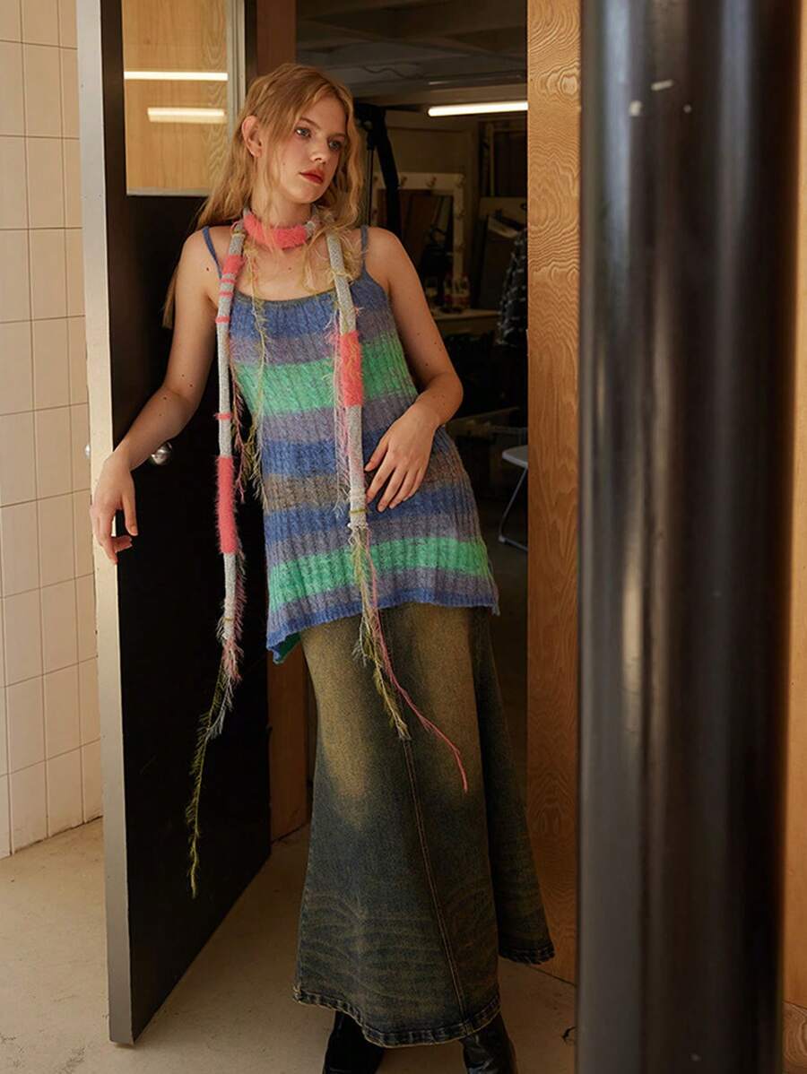 1 Pc Niche Broken Retro Mixed Color Bright Silk Scarf Scarf Neck, Female Slender Shape Dark Wind Jk Fringe Scarf