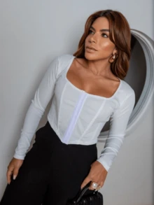 Top Cropped Feminino Em V Com Mangas Alta