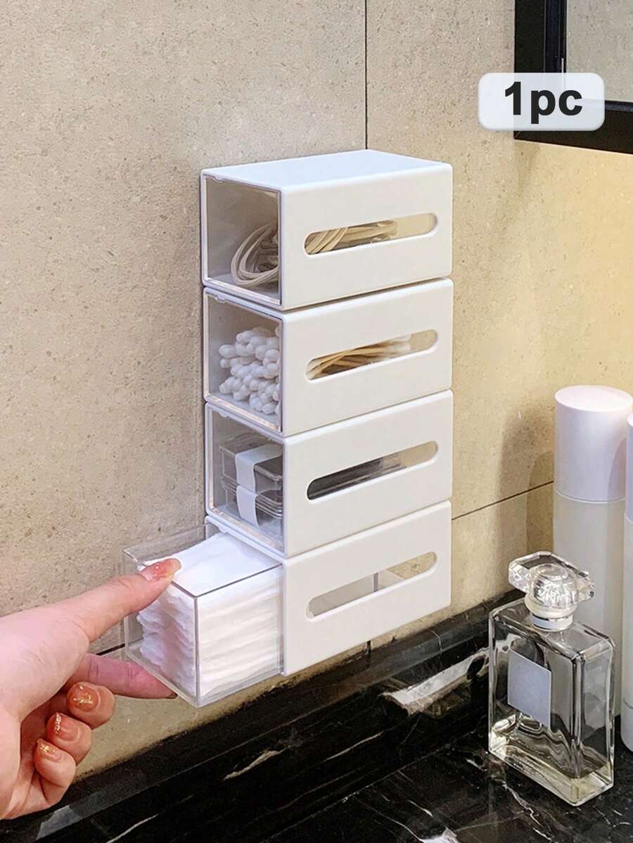 1 个免打孔透明双色储物抽屉，白色 PS 棉签收纳盒，适用于家居装饰秋季装饰节日装饰房间装饰家居装饰秋季装饰卧室装饰 - 白色 - 查看 1