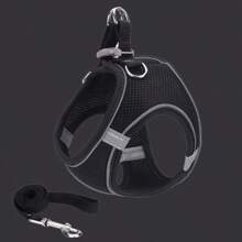 1套黑色狗貓胸背帶，可調節反光背心牽繩項圈，適用於小狗犬胸背帶和牽繩套裝，犬用配件 - 黑色 - 查看 11