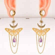 2 piezas Nuevos enchufes colgantes de túneles con pendiente de mariposa de acero inoxidable, dilatadores para perforaciones corporales