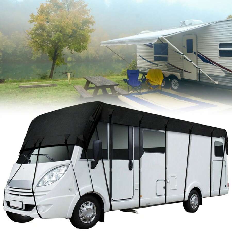 Caravan Protective Cover, Motorhome Protective Roof 210D Roof Protection Tarpaulin Cover Tarpaulin Waterproof Motorhome Covers - Black - View 1