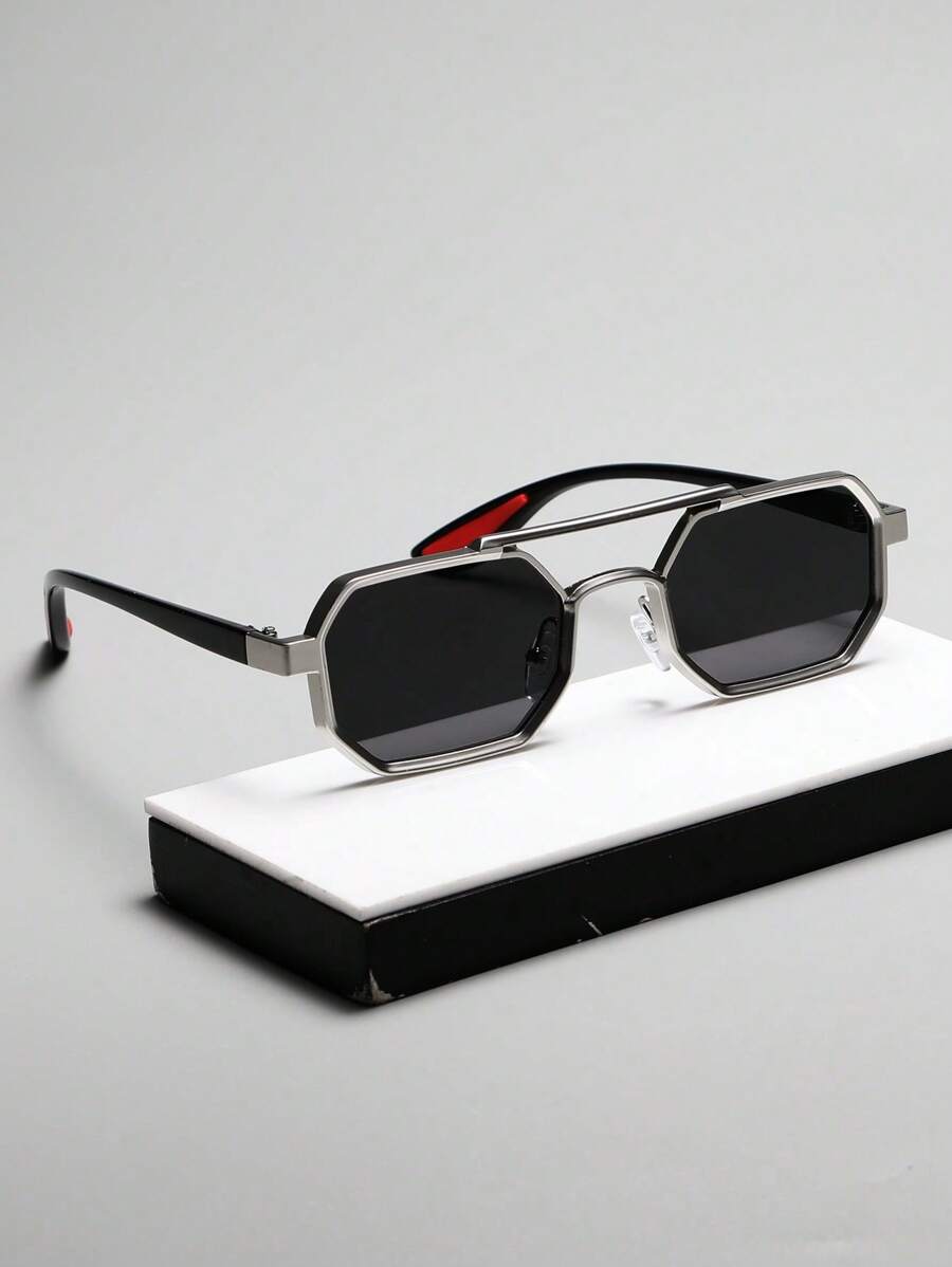 复古朋克几何凹面时尚眼镜，双桥设计，适合男女户外运动、派对、旅行、驾驶、钓鱼、摄影配饰，打造街头风格，适合毛衣夹克运动衫连帽衫皮裤和工装裤，适合夏季海滩度假、户外、旅行 - 黑色 - 查看 1