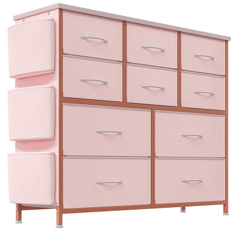 Dresser For Bedroom With 10 Drawers Wide Fabric Dresser With Wood Tabletop Dressers & Chest Of Drawers With Extra Storage Bedroom Dresser For Living Room Kids Room Hallway Pink/Grey/Brown - Pink - View 1