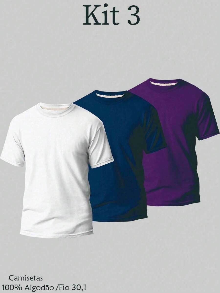 Kit 3 Plain Basic T-Shirt 100% Cotton Thread 30.1 Men's Unisex Breathable Reinforced Costume Fast Shipping!! - 白色 - 查看 1