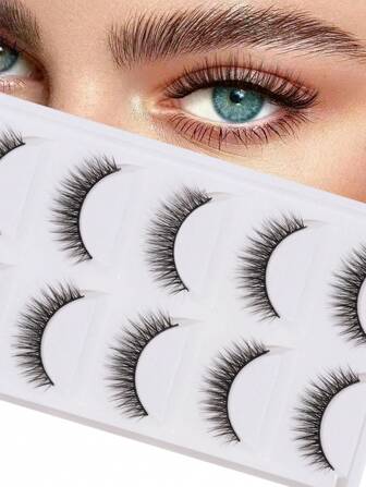 5对自然纤长交叉式假睫毛，6-12毫米，适合日常、派对、约会、度假、婚礼、工作等场合。