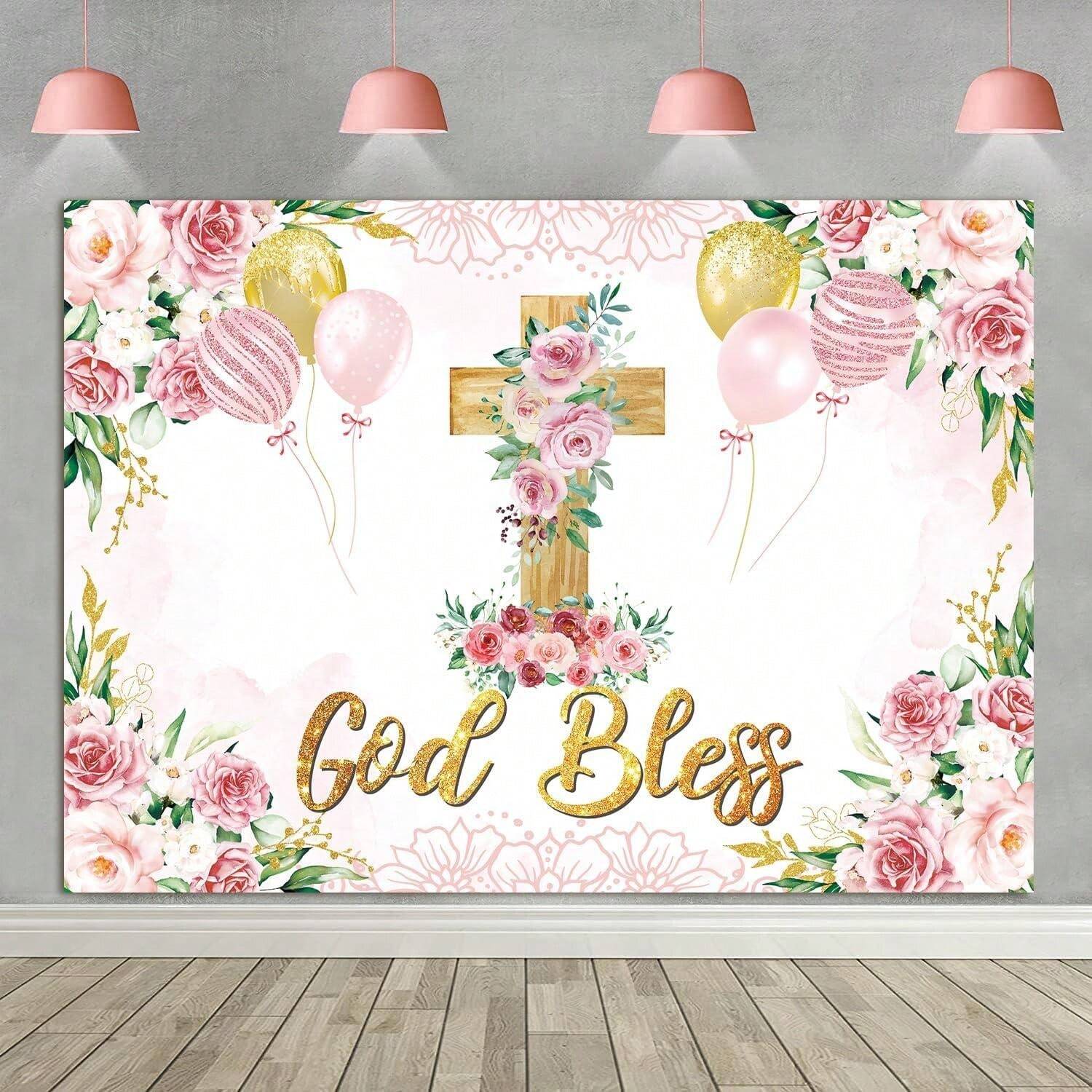1pc 7x5FT God Bless Backdrop First Baptism Backdrop Rose Gold Flower ...