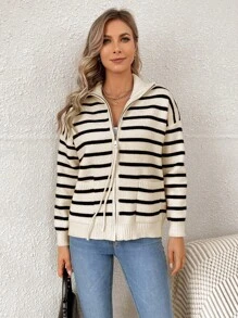 Striped Long Sleeve Zip-Up Slim-Fit Cardigan For Women - Apricot - View 6