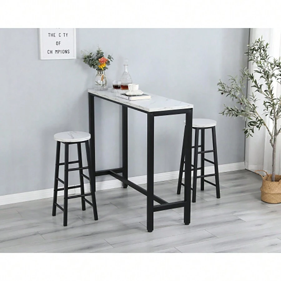 3 Piece Bar Table Set, Bar Table And Chairs Set Of 2, Modern Counter Height Table With 2 Stools For Kitchen, Dining Room, Living Room Breakfast Table White Faux Marble  Top - 白色 - 查看 1