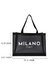 1 pièce sac de plage en maille matériau en Nylon Alphabet imprimé sac fourre-tout en maille de plage avec grande capacité, utilisez-le vous-même ou offrez des cadeaux à d'autres, sac de plage de fournitures scolaires, sac à dos étanche sac de vacances pour amis, maman, enseignants, cadeau de fête des mères, essentiels d'été, Les essentiels de la plage - Noir - Voir 4