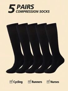 5pairs Women's Black Knee-High Compression Socks & Riding Socks, Suitable For Running, Cycling Sports, For Gym, Fall - Black - View 1