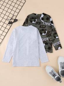 2 stuks Tween Boy Casual Football Patroon Ronde Hals Lange Mouw T-shirts, Grijs En Groen, Lente & Herfst