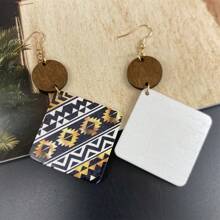 2 对/套夸张几何木质耳钉，彩色印花，波西米亚风格耳环，适合派对/海滩/日常佩戴 - 四邊形拼接 - 查看 10