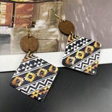 2 对/套夸张几何木质耳钉，彩色印花，波西米亚风格耳环，适合派对/海滩/日常佩戴 - 四邊形拼接 - 查看 8