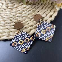 2 对/套夸张几何木质耳钉，彩色印花，波西米亚风格耳环，适合派对/海滩/日常佩戴 - 四邊形拼接 - 查看 5