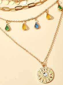 1 pièce Collier à franges géométrique circulaire, collier pendentif rond irrégulier à 4 couches avec franges en alliage et strass