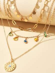 1 pièce Collier à franges géométrique circulaire, collier pendentif rond irrégulier à 4 couches avec franges en alliage et strass