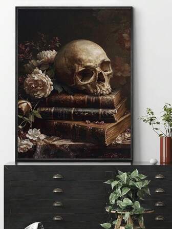 1 件复古艺术海报，带有骷髅、书籍、鲜花、蜡烛、帽子、幽灵、黄色花卉帆布墙艺术海报，是卧室、客厅、餐厅、书房、走廊、咖啡厅、办公室、宿舍、无框墙面装饰的理想礼物