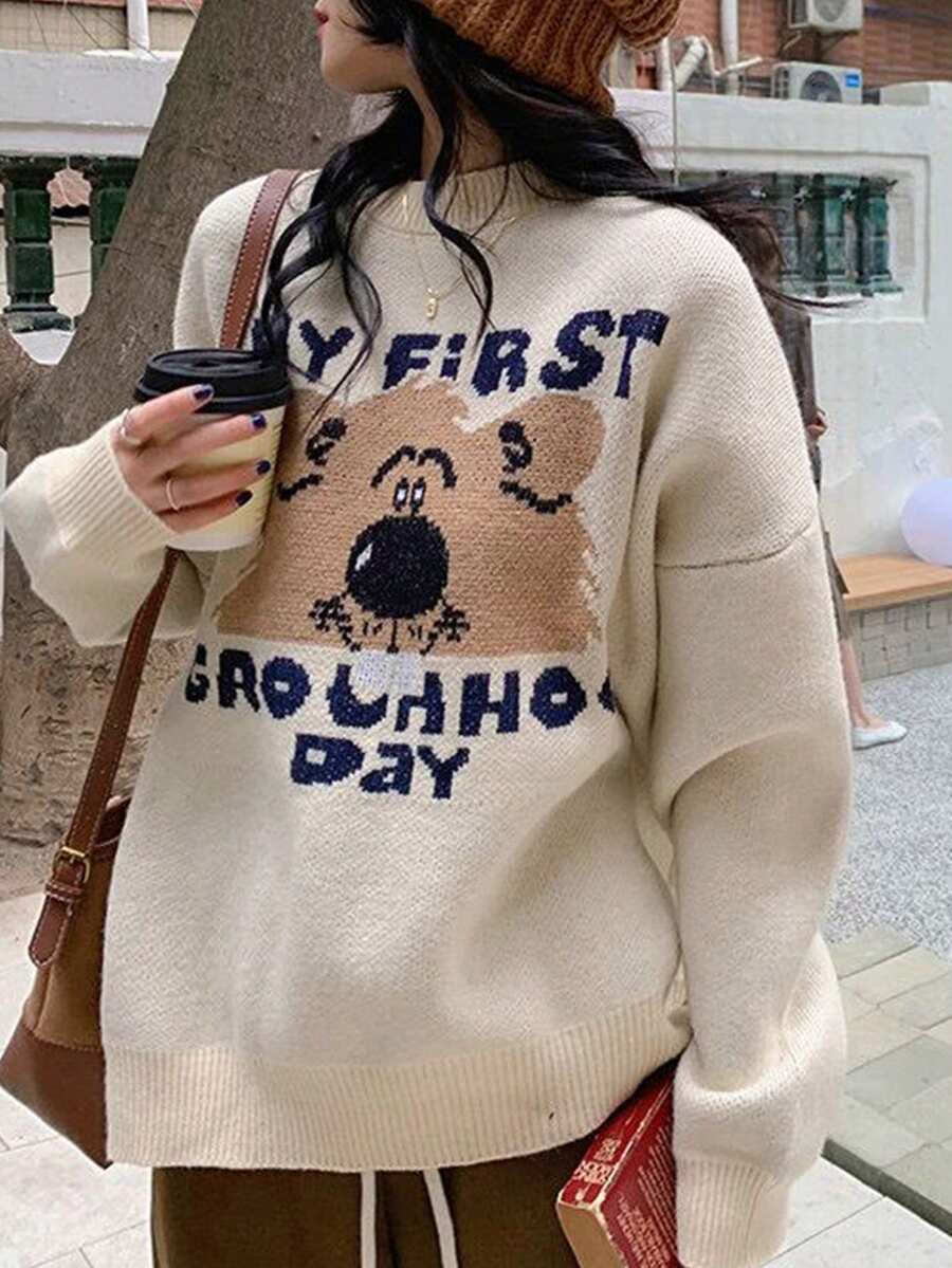 JIANHU 宽松风格卡通字母图案休闲毛衣 - 杏色 - 查看 1