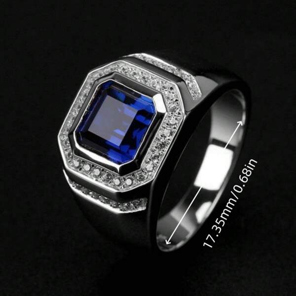 1pc Classic Sapphire Ring, European And American Fashion Luxury Elegant, Micro-Inlaid Square Diamond, Simulated Blue Cubic Zirconia, Suitable For Daily Wear