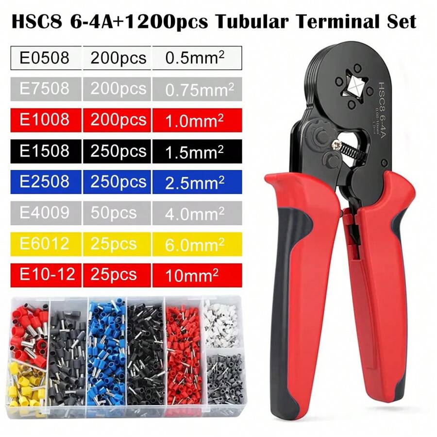 1 套压接工具，含 1200/1900 个绝缘管端子、HSC8 6-4A 0.08-10mm² 23-7AWG 1200 个端子、6-6A 0.25-6mm² 23-10AWG、多功能高精度钳子套件电工工具