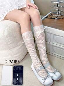 2 pares de calcetines hasta la rodilla con adorno de encaje y lazo, estilo lolita, para mujer, primavera/verano
